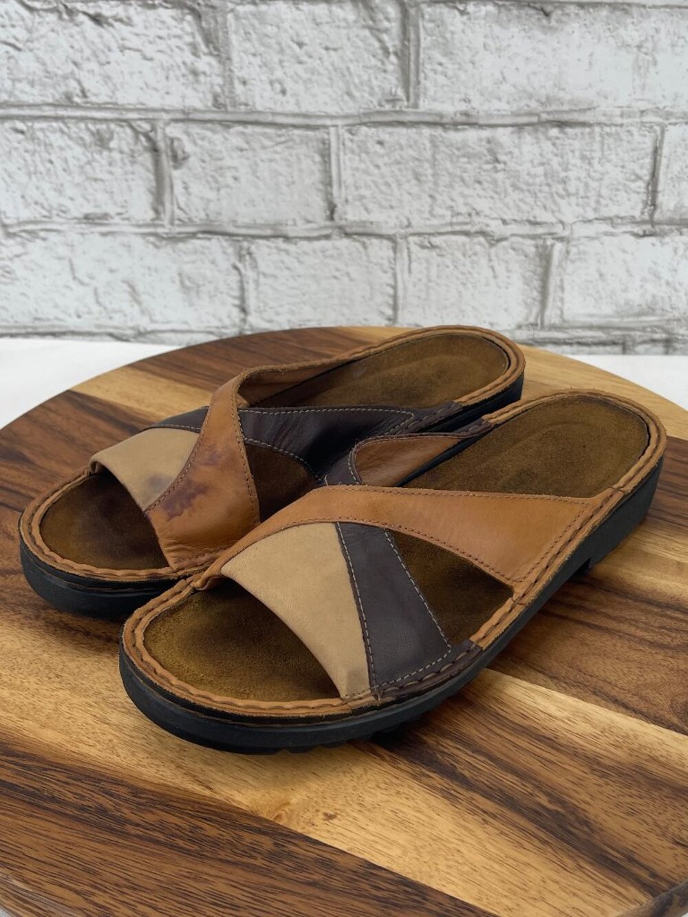 Naot Womens 7/38 Brown Tan Leather Open Toe Slip On Wedge Sandals